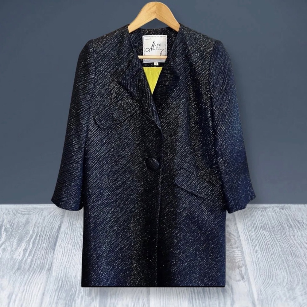 Original Milly Of New York Black Shimmer  Women’s Jacket Green Lining Size 6